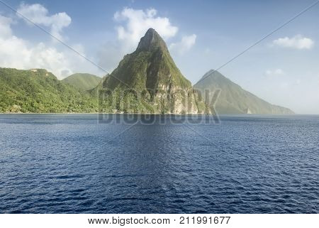 View of the famous Piton mountains in St Lucia Eastern Caribbean