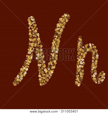 Clear Latin Alphabet. Professional Gold Texture. Oo Golden Glitter Letter. Handwritten, Calligraphy.