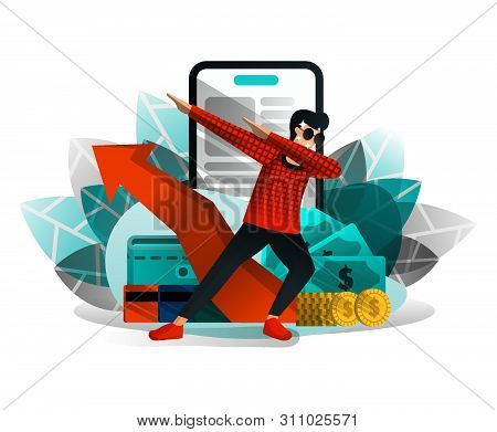 Men Celebrating Increase In Business, Investment And Savings Growth. Use Smartphone Technology For F