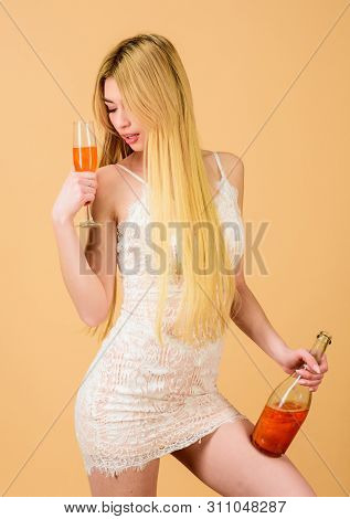 Girl Drinking Pearl Glitter Champagne. Woman White Dress Hold Glass Alcohol Drink. Hen Party Concept