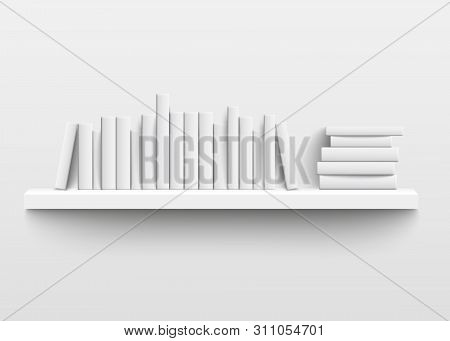 White Book Shelf Mockup On The Wall, 3d Realistic Design Of Minimalist Bookshelf With Blank Hard Cov