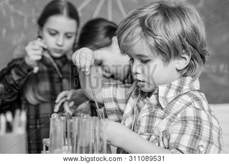 Happy Children Use Tubes. Back To School. Biology Education. Microscope. Biology School Laboratory E
