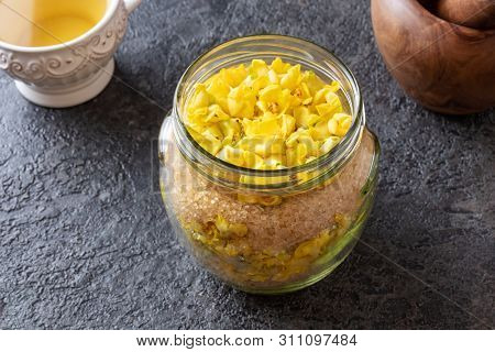 Preparation Of Homemade Herbal Syrup Against Cough From Fresh Denseflower Mullein Flowers And Cane S