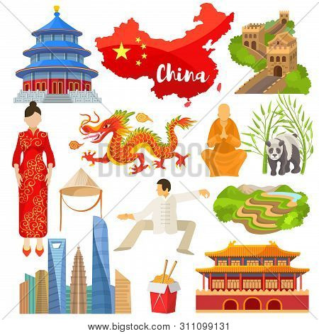 China Chinese Culture In Asia And Great Wall Of China Illustration Set Of Asian Symbols Panda Dragon