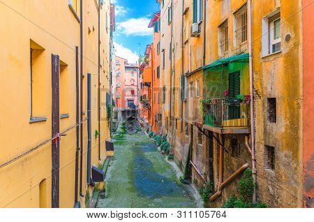 Canale Delle Moline Canal La Piccola Venezia Finestrella Between Buildings In Old Historical City Ce