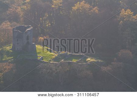 Dolbadarn Castle From Above With Haze And Winter Sunlight. Llanberis, Snowdonia, North Wales.