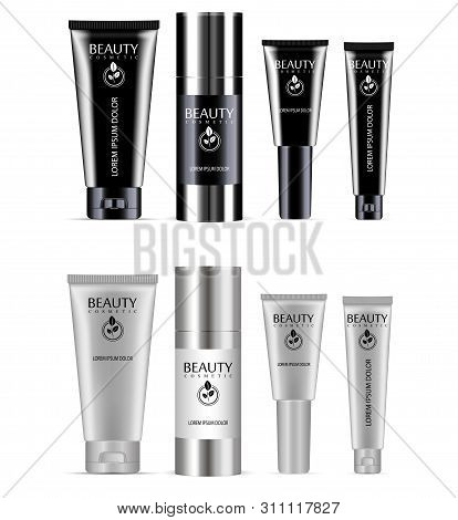 Cosmetic Bottle Package. Cream Tube, Lotion Container Set. Realistic 3d Template Design. Medical Jar