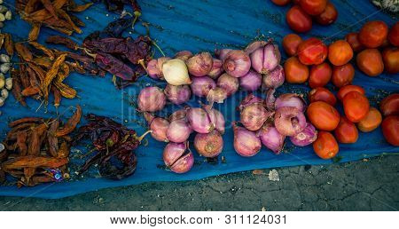 Fresh Onions And Tomatoes Street Market In Cajamarca Peru