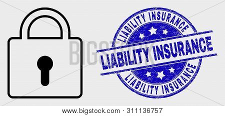 Vector Contour Lock Pictogram And Liability Insurance Watermark. Blue Round Textured Watermark With 