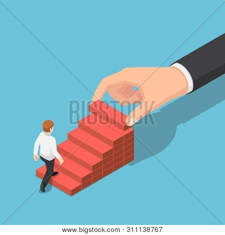 Flat 3d Isometric Hand Arranging Wood Block Stacking As Step Stair To Help Businessman Go Up Higher.
