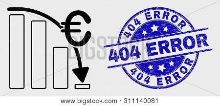 Vector Outline Euro Crisis Chart Icon And 404 Error Stamp. Blue Rounded Textured Seal Stamp With 404