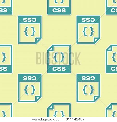 Green Css File Document Icon. Download Css Button Icon Isolated Seamless Pattern On Yellow Backgroun