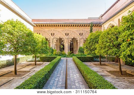 Zaragoza,spain - May 11,2019 - View At The Corutyard Of Santa Isabel In Aljafería Palace In Zaragoza