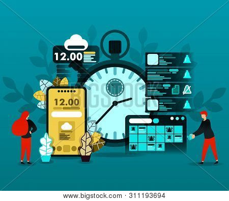 Planning Schedule And Time Technology. Vector Flat Illustration Of Concepts For Landing Page Or Web,