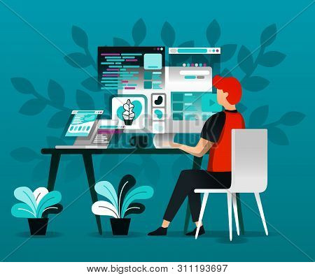 Designers Work With Internet. Vector Flat Illustration Of Concepts For Landing Page Or Web, Website 