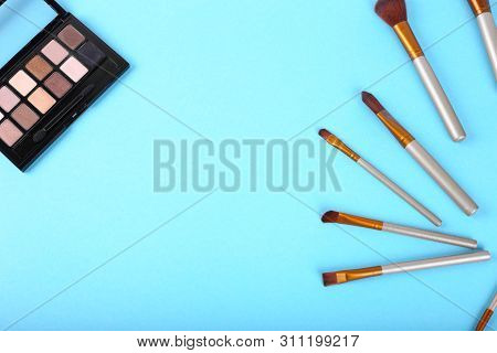 Flat Lay.palette Of Shadows And Makeup Brushes