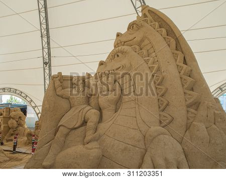 Sculptures Of Characters Russian Fairy Tales Made From Sand. Russia Sochi 06 22 2019