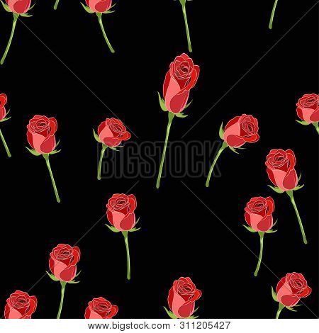 Vector Seamless Pattern With Red Rose Button On The Stem And Branches On A Black Background.