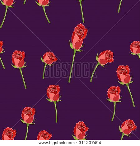 Vector Seamless Pattern With Red Rose Button On The Stem And Branches On A Violet Background.