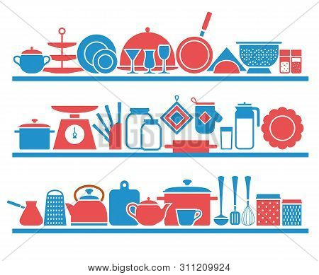 Kitchen Shelves With Utensils For Cooking Modern Silhouette Icons Home Tableware