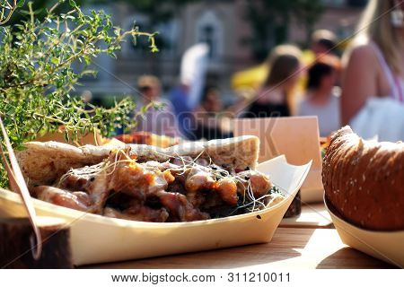 Organic Food On Street Food Festival. Spechial Food Sold On Open Kitchen Food Festival Event. Street