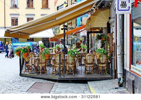 Cafe på pladsen Stortorget i Stockholm
