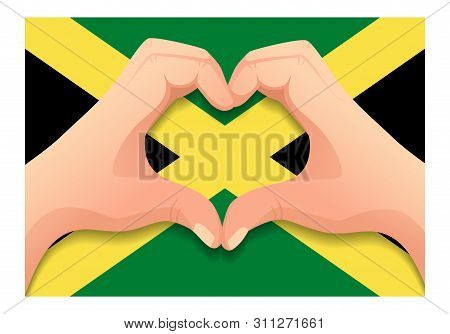 Jamaica Flag And Hand Heart Shape. Patriotic Background. National Flag Of Jamaica Vector Illustratio