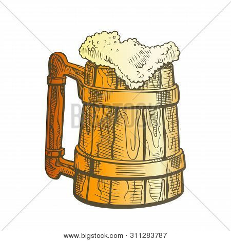 Hand Drawn Vintage Cup With Froth Beer . Wooden Cup With Metallic Ring And Alcoholic Golden Cold Bev