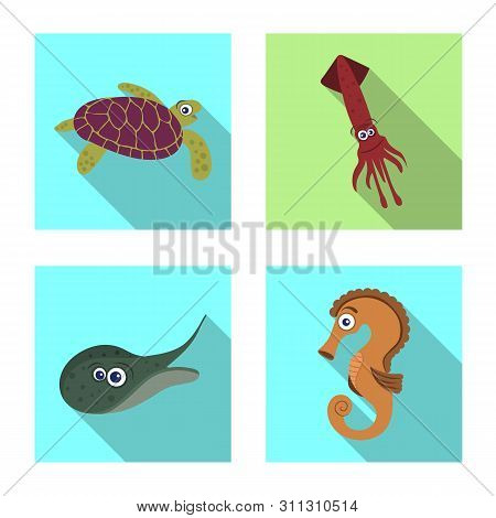 Vector Design Of Sea And Animal Symbol. Set Of Sea And Marine Vector Icon For Stock.