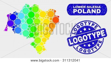 Spectral Dotted Lower Silesia Province Map And Seals. Blue Round Logotype Scratched Seal Stamp. Grad