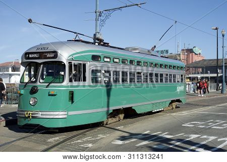 San Francisco, California, United States - Nov 25th, 2018: F-line Antique Pcc Streetcar No.1053 Broo