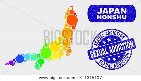 Spectral Dot Honshu Island Map And Seal Stamps. Blue Rounded Sexual Addiction Scratched Seal. Gradie
