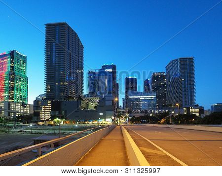 Miami, Florida 12-17-2018 Brickell City Center From The South Miami Avenue Bridge At Sunrise On A Cl