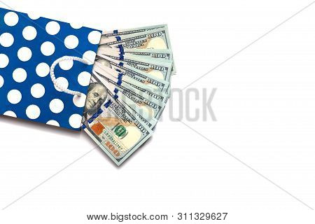 Isolated 100 Us Dollars Banknotes Bills Are Coming Out Of A Blue Paper Bag On White Background. Shop