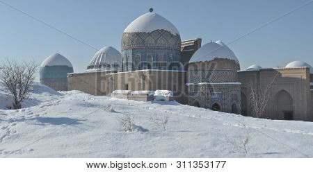 The Snow That Fell In Winter Covered All The Domes Of The Shokhi Zinda Complex.
