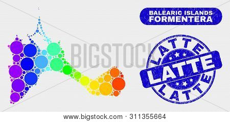 Rainbow Colored Dotted Formentera Island Map And Seal Stamps. Blue Round Latte Grunge Seal. Gradient