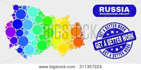 Rainbow Colored Spotted Novosibirsk Region Map And Rubber Prints. Blue Rounded Get A Better Work Gru