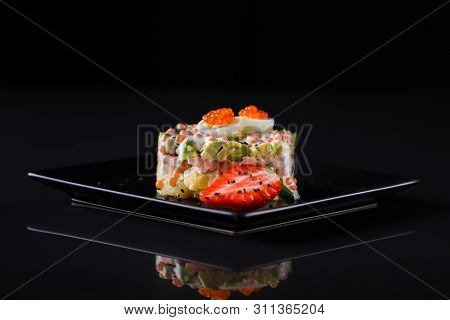 Round Salad Made Of Red Fish Potato And Avocado