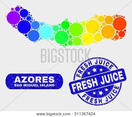 Rainbow Colored Dot Sao Miguel Island Map And Seals. Blue Rounded Fresh Juice Grunge Seal. Gradient 