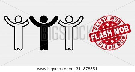 Vector Line Dancing People Icon And Flash Mob Seal Stamp. Blue Round Grunge Seal Stamp With Flash Mo