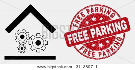 Vector Linear Engine Service Garage Pictogram And Free Parking Watermark. Blue Round Scratched Water