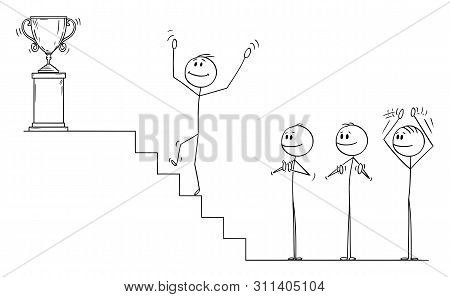 Vector Cartoon Stick Figure Drawing Conceptual Illustration Of Businessman Climbing Up The Stairs Fo