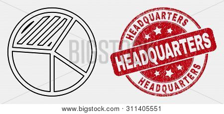 Vector Outline Pie Chart Pictogram And Headquarters Seal Stamp. Blue Round Distress Seal Stamp With 