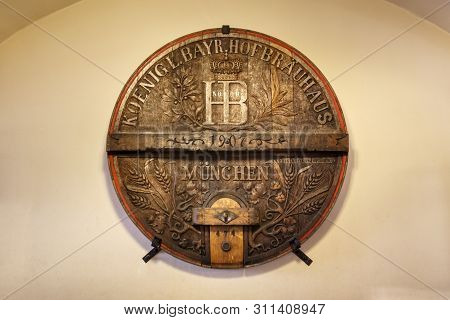 Munich, Germany - September 26, 2015: Wooden Sign In The Hofbraeuhaus In Munich Close To The Entranc