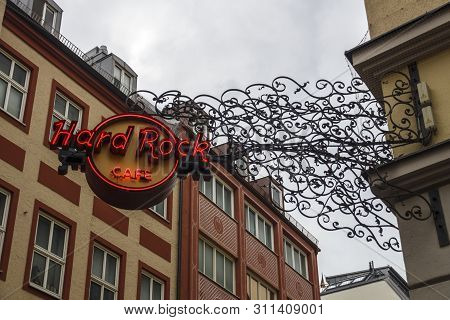Munich, Germany - September 26, 2015: Sign Of The Hard Rock Cafe In Munich, The Logo Stands For The 