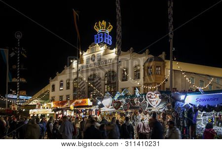 Munich, Germany - September 26, 2015: Nightshot Of The Hofbraeu Festzelt On Theresienwiese During Ok