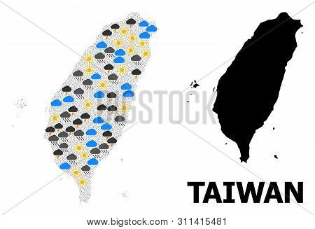 Climate Collage Vector Map Of Taiwan. Geographic Mosaic Map Of Taiwan Is Combined From Randomized Ra