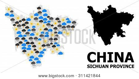 Climate Mosaic Vector Map Of Sichuan Province. Geographic Collage Map Of Sichuan Province Is Constru