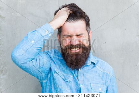 Aches And Pains. Headache And Overworking. Negative Emotions. Feel Bad. Bearded Man. Mature Hipster 
