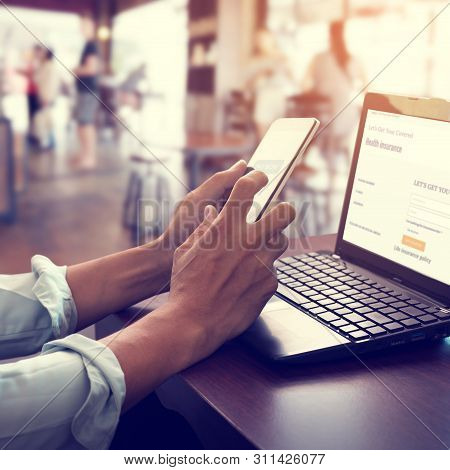 Concept Online Payment Mobile Technology. Hand Of Men Using Smartphone. Touch The Pay Button Of Mobi